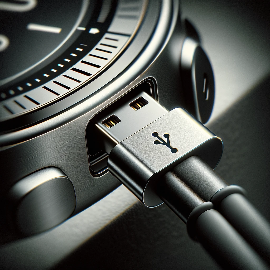 Close-up do conector USB no smartwatch