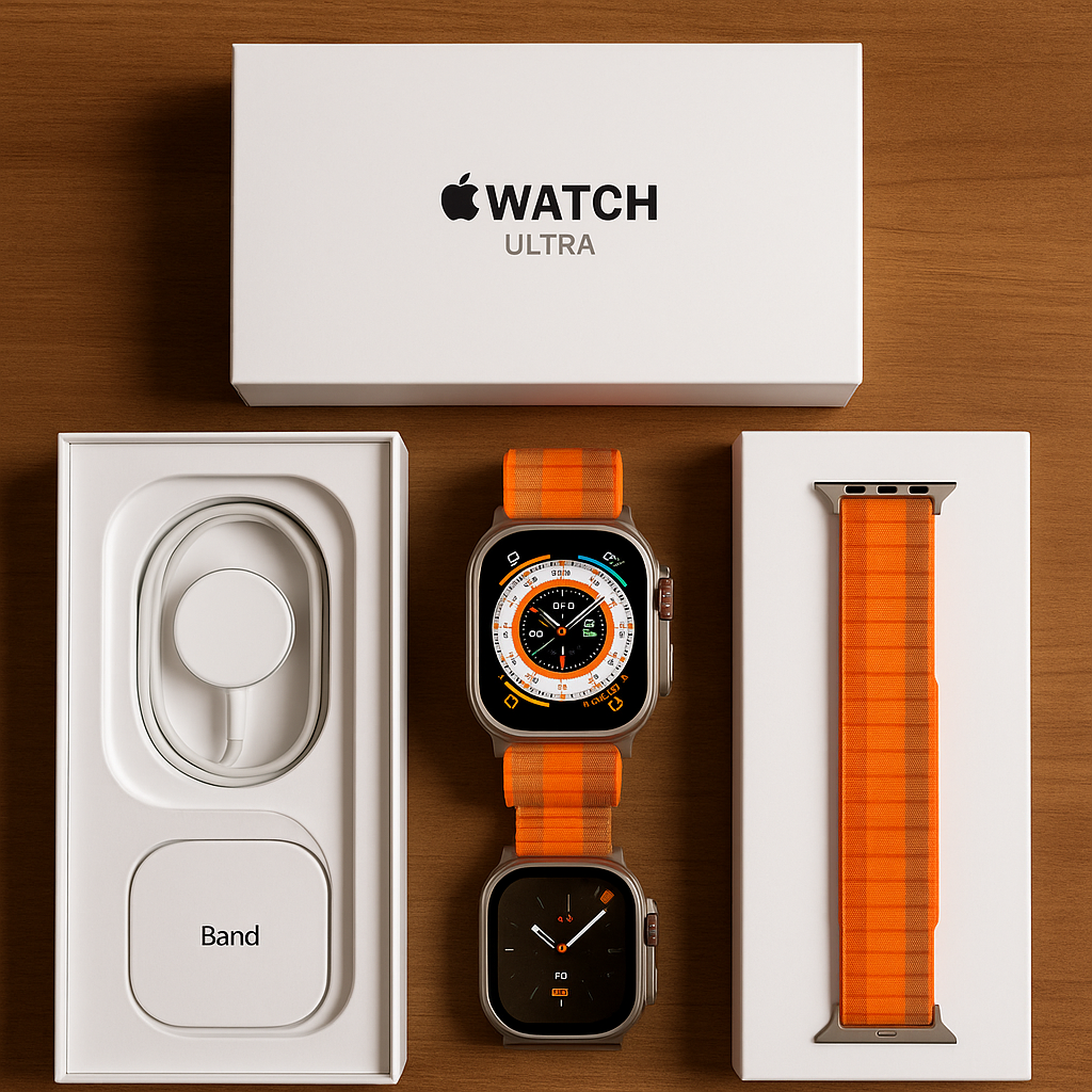 Apple Watch Ultra fora da caixa com acessórios