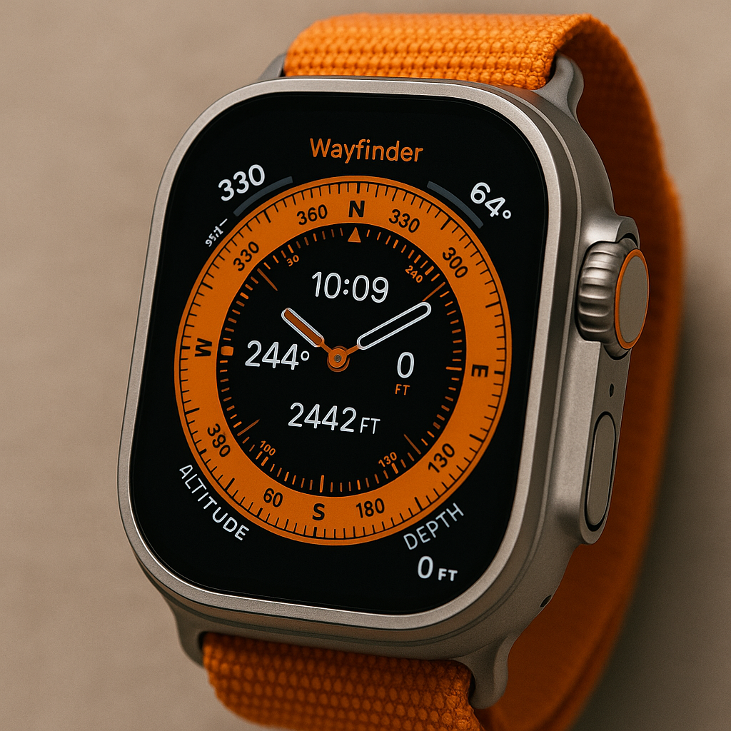 Close-up com Wayfinder ativado: bússola, altitude, profundidade.